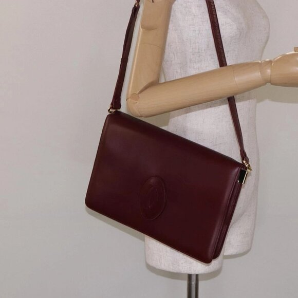CARTIER Must Line Shoulder Bag Leather Bordeaux Gold Auth - Picture 1 of 16